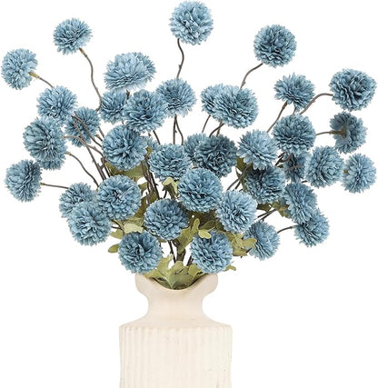 DuHouse 6pcs Artificial Flowers Faux Silk Pompon Mum,Silk Small Mini Chrysanthemum Ball with Stems for DIY Bouquets Centerpieces Vase Home Table Kitchen Decorations(Dusty Blue)