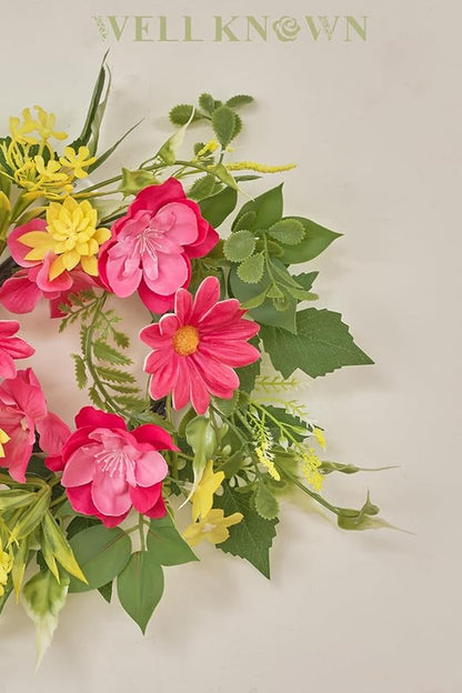 WELL KNOWN 2 Pcs Mini Spring Floral Candle Rings Wreaths for Pillars Home Table Window Decor, 9 Inches Artificial Flower Cabinet Wreath for Kitchen Farmhouse Wedding Party (Fuchsia Pink & Yellow)