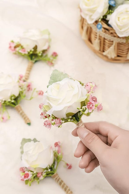 White Rose Boutonnieres for Men Wedding Baby's Breath Boutonniere for Best Men Groom Groomsmen Wedding Prom Set of 6 (6 White+Pink Boutonnieres)