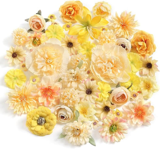 Artificial Flower Heads Combo - 48pcs Yellow Silk Flowers Bulk Faux Rose for Wedding Decor, Bridal Bouquets, Graduation Parties, Cake Toppers & Home DIY Crafts