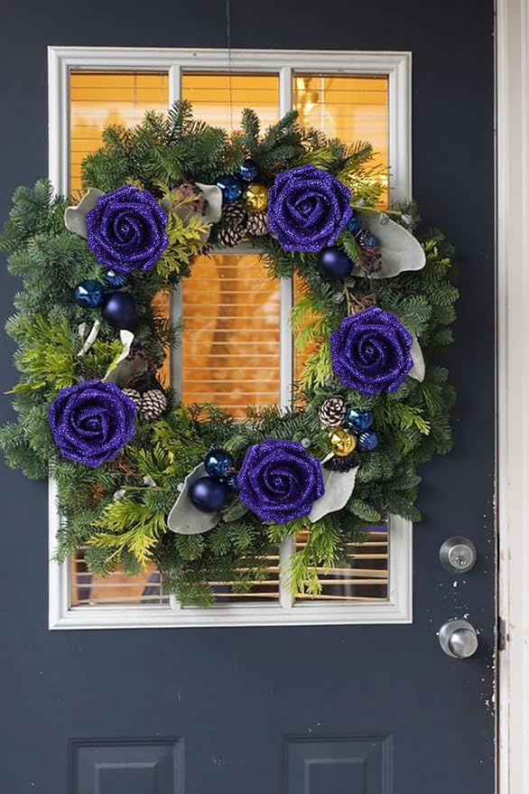 Glitter Blue Roses 30pcs Royal Blue Glitter Roses 2.56" Blue Artificial Roses with Stems Fake Foam Roses for Baby Shower Centerpieces Table Decorations for Party (Royal Blue)