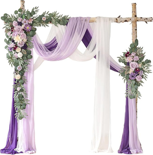 Deluxe Purple Artificial Wedding Arch Flowers with Drapes Kit-Pack of 5, 2pcs Flower Arrangements 3pcs Hanging Sheer Drapes Blue Ceremony Arbor Reception Backdrop Rose Floral Decorations.