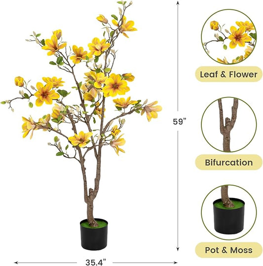 Artificial Magnolia Tree 4.9 ft - with 27 Pcs Yellow Flowers Artificial - Tall Artificial Plants Indoor, Faux Indoor Plants Perfect Potted Magnolia Flower Decor for Living Room, Stairs, Shop, Porch