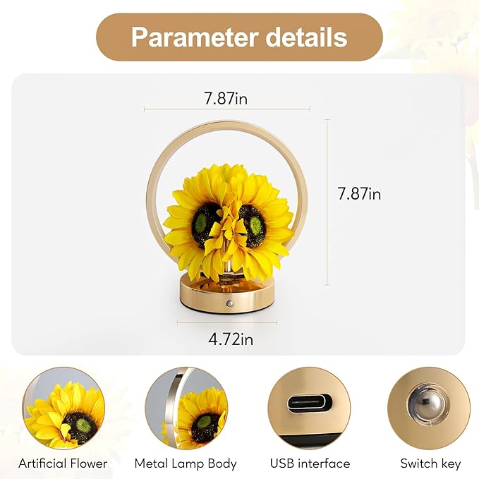 Sunflower Birthday Gifts for Women Mom,Sunflowers Flower Touch Lamp,Rechargeable Cordless 3 Way Dimmable Small Night Light for Living Room,Bedroom,Office Home Decor Thank You Gifts-Yellow