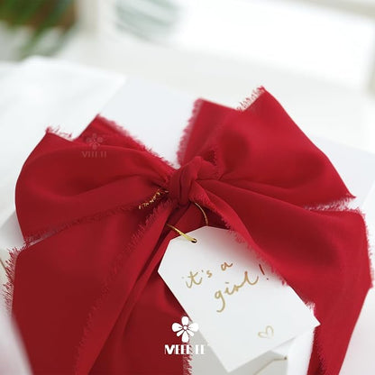MEEDEE Red Chiffon Ribbon 3 Inch Frayed Ribbon Chiffon Silk Red Fringe Ribbons Wide Chiffon Ribbons for Crafts, Flower Bouquet, Wedding Favors Wrapping (2 Rolls 10 Yards)