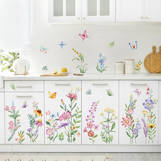 Flower Wall Decals Watercolor Wildflower Grass Butterflies Wall Stickers Peel and Stick Vinyl Decal for Girls Bedroom Living Room Home Office