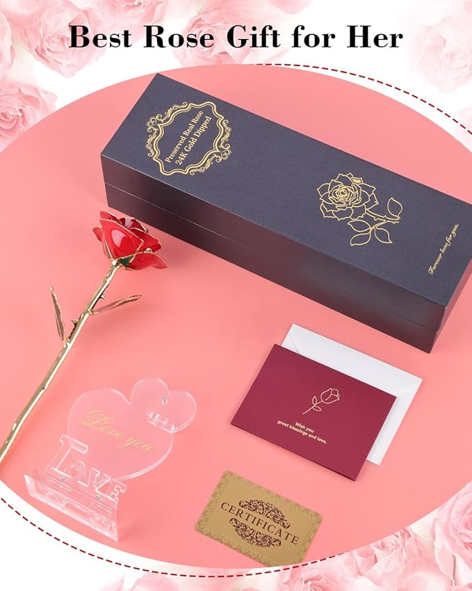 24K Gold Dipped Real Rose, Valentines Day Romantic Gift for Her, Eternal Preserved Red Forever Rose with Love Heart Stand, Anniversary Birthday Mothers Day Best Gift for Women Mom Wife Girlfriend
