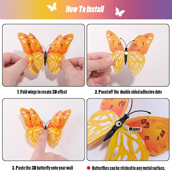 SAOROPEB 3D Butterfly Wall Decor, 24 Pcs Double Layer Butterfly Decorations for Party Decorations Locker Decor Refrigerator Decal, Reusable (Colorful)