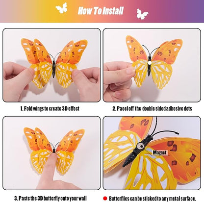 SAOROPEB 3D Butterfly Wall Decor, 24 Pcs Double Layer Butterfly Decorations for Party Decorations Locker Decor Refrigerator Decal, Reusable (Colorful)