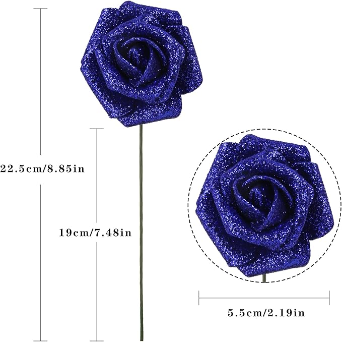 IPOPU Foam Roses, 25pcs Royal Blue Roses Glitter Flowers Artificial Rose with Stem for DIY Wedding Bridal Bouquet Home Party Decoration(Royal Blue)