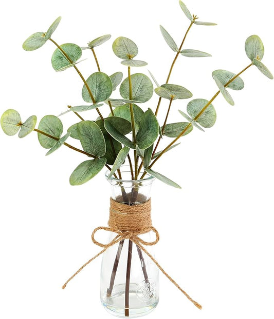 ALAGIRLS Artificial Eucalyptus Stems in Glass Vase with Faux Water,3pcs 13.77" Fake Eucalyptus Plant with Realistic Green Leaves,Plastic Plant Indoor Decor for Bathroom,Living Room,Office