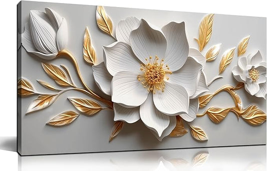 Canvas Wall Art for Living Room Bedroom Office White and Gold Flower Artwork Large Botanical Floral Wall Art Framed Wall Decor Modern Canvas Prints 20x40 In
