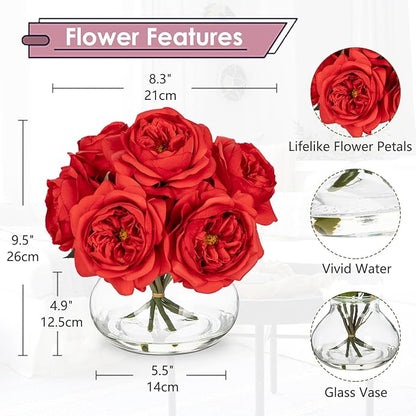 Hollyone Red Roses Peonies Artificial Flowers with Glass Vase Silk David Austin Roses Faux Flowers Arrangements with Clear Faux Water in Vase Fake Peonies Rose Peony Floral Bulk Bouquet Home Decor