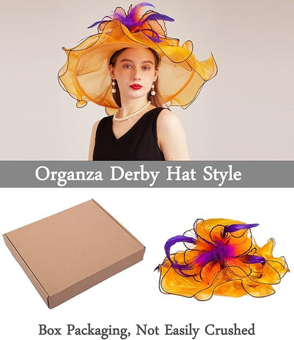 Organza Derby Hats for Women Wide Brim Fascinator Hat Rose Flower Wedding Tea Party Hat