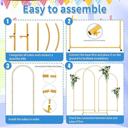 Metal Arch Backdrop Stand Set of 3 (7.2FT/6.6FT/6FT), Easy Assemble Balloon Arch Stand Kit, Decorative Backdrop Arch Stand, Gold Wedding Arch for Birthday Party and Baby Shower Decoration