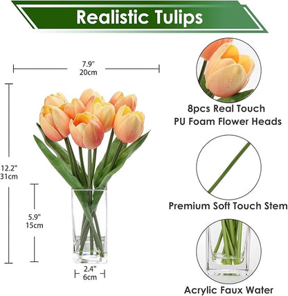 Briful Fake Flowers Artificial Tulip Flower Peach in Clear Vase, Real Touch Foam Tulip Arrangement Suitable for Home Office Decoration, Dining Table Centerpiece