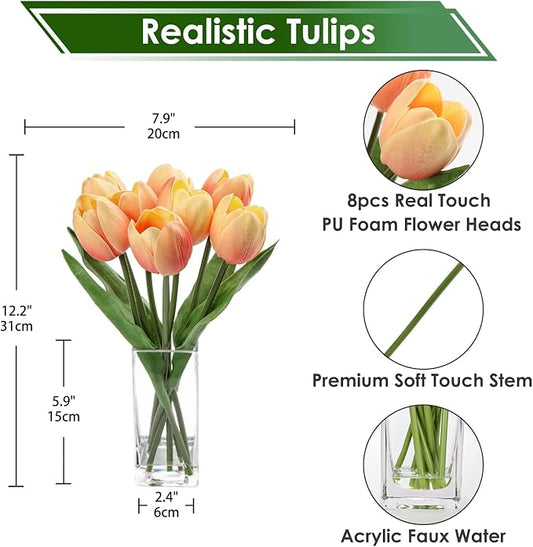 Briful Fake Flowers Artificial Tulip Flower Peach in Clear Vase, Real Touch Foam Tulip Arrangement Suitable for Home Office Decoration, Dining Table Centerpiece