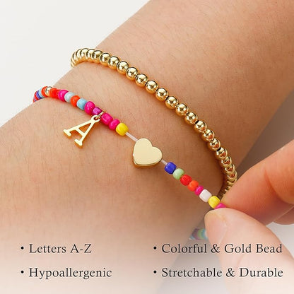 Ritach Christmas Gifts for Teens Girls Kids - 2PCS Colorful Heart Initial Bracelet Stackable Real Gold Plated Stretchable Beaded Bracelets for Teen Girls Kids Birthday Gifts Stocking Stuffers