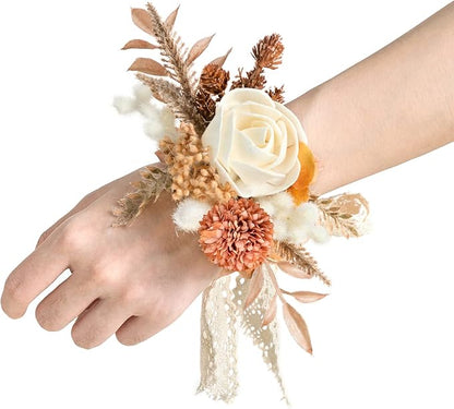 Ling's moment 6pcs Wedding Wrist Corsage Artificial Flowers, Girl/Mother Homecoming Prom Corsages Wristlet Décor, etc. Boho Dried Rustic