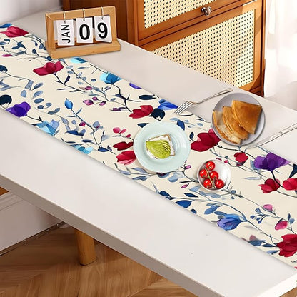 Elegant Watercolor Floral Table Runner – 13x72 Inch Linen-Look Fabric with Red, Blue & Purple Blooms on Beige Background, Perfect for Dining Room, Kitchen & Home Decor