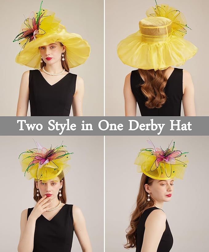 Organza Derby Hats for Women Wide Brim Fascinator Hat Rose Flower Wedding Tea Party Hat