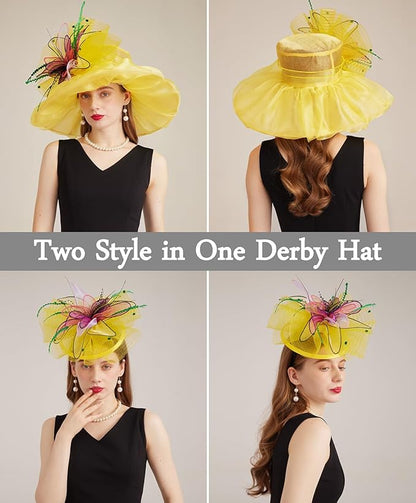 Organza Derby Hats for Women Wide Brim Fascinator Hat Rose Flower Wedding Tea Party Hat