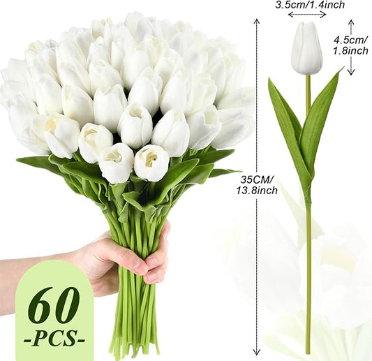Janinka 60pcs Artificial Tulip Flowers Fake PU Tulips Faux Latex Bouquet Flower Centerpieces Arrangement Floral for Mother Day Wedding Spring Decorations (White)