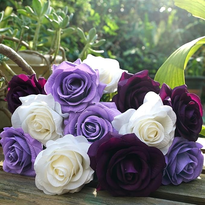 FiveSeasonStuff 12 Stems Artificial Flowers Real Touch Silk Roses for Wedding Decoration Bridal Bouquets Table Centerpieces Party Shower, Packed in Box (Luxe Purple & White)