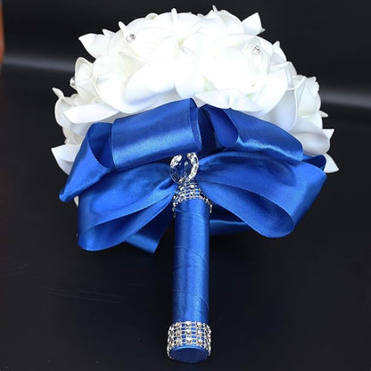 Wedding Bouquet, Royal Blue Bouquet for Bride Bridesmaid with Diamond Soft Ribbons, Artificial Rose Bridal Holding Flowers for Party Church