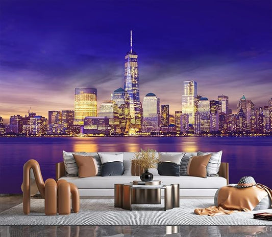 Eierme-New York City Skyline lit up at Night time Reflecting Off of The Hudson River 160" x 114"