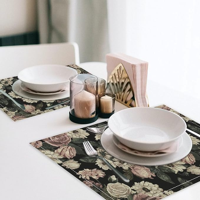 Floral Placemats Set of 8, 17x12 Inch Vintage White Pink Rose Flower Spring Plant Boho Art Print Table Mats for Home Party Kitchen Dining Decor
