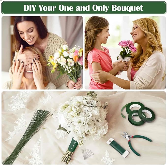 PAXCOO Floral Arrangement Kit with Green Tape and Wire, Boutonniere Flower pin, Wire Cutter for Wreath Making Supplies