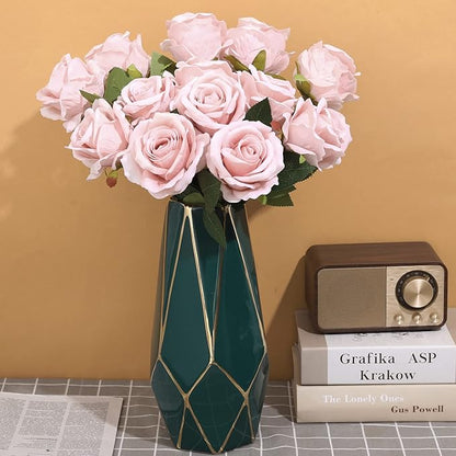 15Pcs Pink Roses Artificial Flowers Fake Roses Long Stem Velet Rose Silk Flowers for Home Wedding Decoration (Round Roses,Pale Pink)