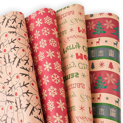 Happypapa Christmas Wrapping Paper, Kraft Xmas Wrapping Paper Rolls - Snowflakes, Reindeer, Gift and Merry Christmas Pattern - 4 Rolls - 17 Inch × 120 Inch Per Roll