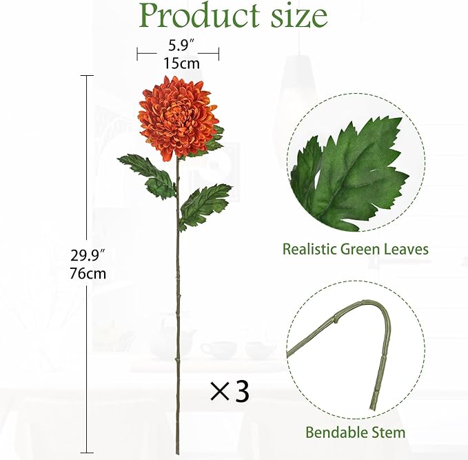 Hollyone 3Pcs Orange Artificial Mums for Outdoors Fall Flowers Fake Fall Mums Chrysanthemum Flowers Silk Long Stem Floral Arrangements Bouquets Faux Spider Mum Flower Autumn Decorations for Home