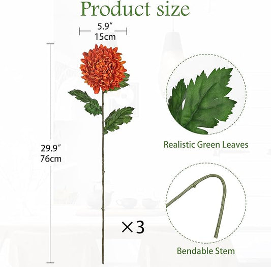 Hollyone 3Pcs Orange Artificial Mums for Outdoors Fall Flowers Fake Fall Mums Chrysanthemum Flowers Silk Long Stem Floral Arrangements Bouquets Faux Spider Mum Flower Autumn Decorations for Home