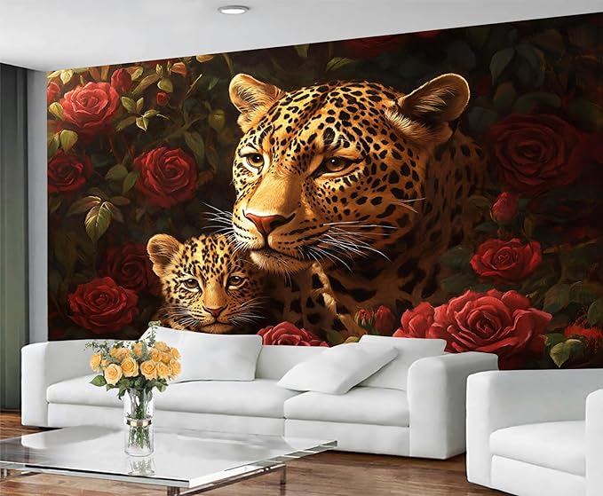 Jungle Rose Leopard Wall Mural, Big Cat Floral 3D Wall Murals, Wild Animal Leopard Wallpaper Mural, for Living Room Bedroom Large Wallpaper Indoor Decor 157.5" W x110.3 H