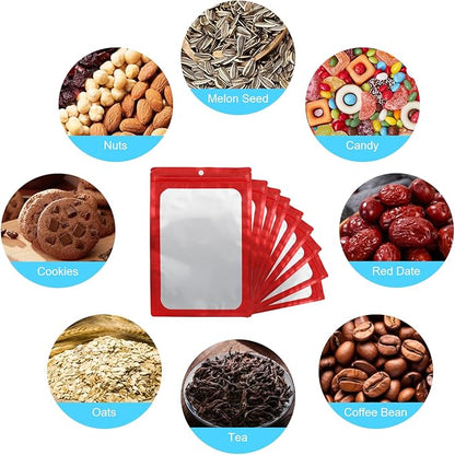400 Pack 4 Size Bags with Clear Window,Scratch Resistant Hand Holographic Packaging Pouch,Resealable Bag for Small Bussiness Cookies Jewelry Candy Sample (Red, 2.4×3.9,3x4.7,4×7,5.5×7.9 inch)