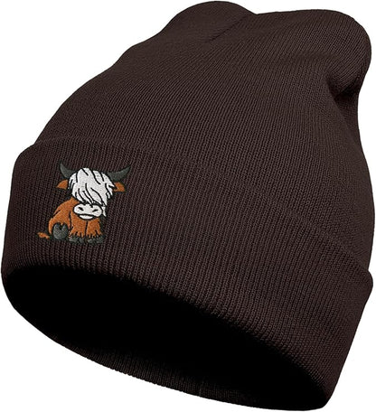 Scottish Highland Cow Beanie Hat, Cute Funny Cow Embroidery Winter Knit Skull Cap for Adult Men Women