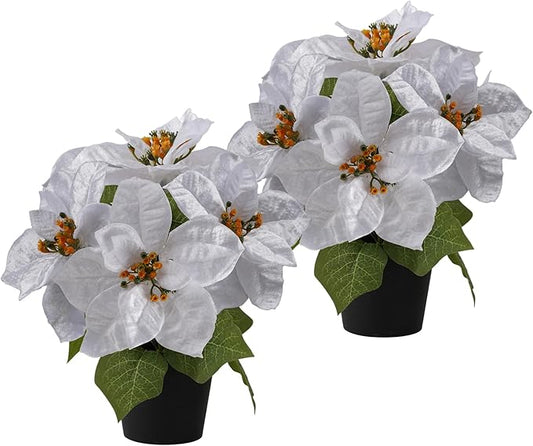 Poinsettias Flowers Artificial 2 Pack White Faux Christmas Poinsettia Plant Small 11 Inch Winter Flowers for Home Office Table Decorations Indoor Xmas Ornament