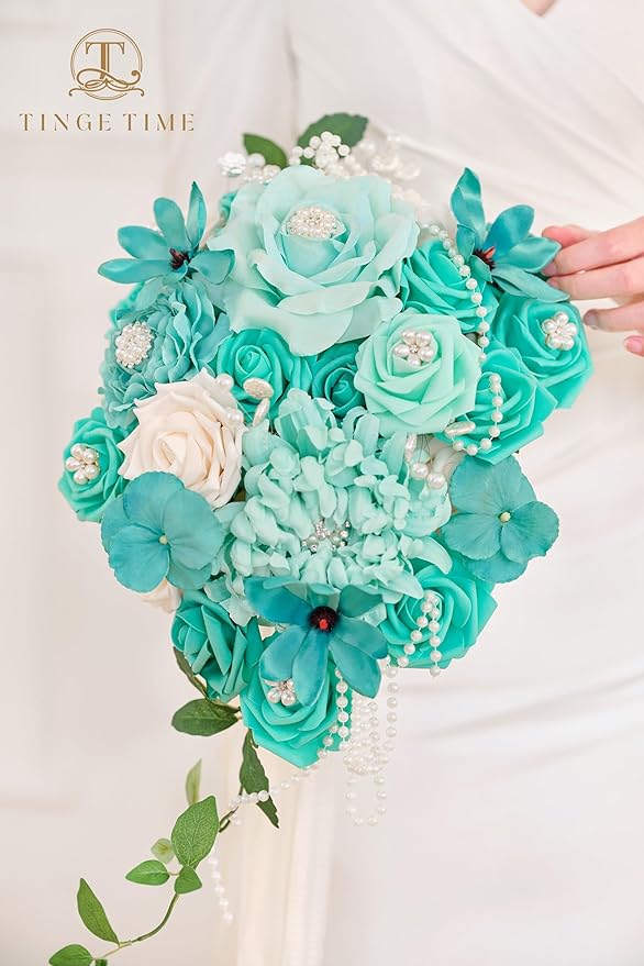TINGE TIME 11 Inch Wedding Bouquets for Bride, Teal Green & Champagne Artificial Flowers Bouquet, Brides & Bridesmaids Bouquet for Wedding Anniversary Ceremony Bridal Shower Decorations