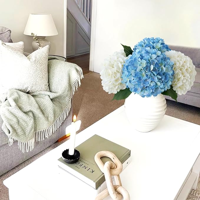 Silk Flowers Hydrangea Artificial Flowers, 4Pcs 22Inch Large Lifelike Faux Flowers, Full Fake Artificial Hydrangeas with Stems for Bouquet Table Centerpieces Home Decoration (White/Blue)