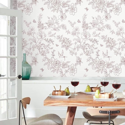 Red and White Floral Peel and Stick Wallpaper 16.9"x196.8" Vintage Floral Contact Paper Peel and Stick Bird Flower Wallpaper Self Adhesive Removable Wall Paper for Cabinets Bathroom Decorative