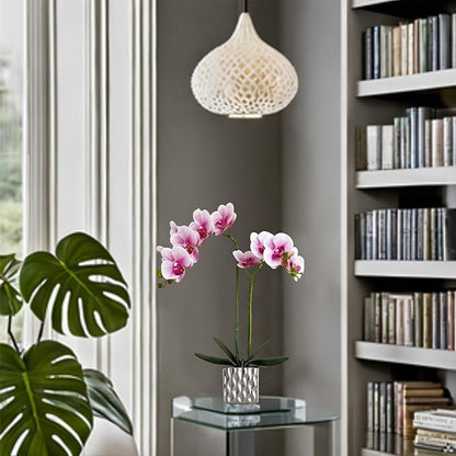 Artificial Orchid with Silver Vase, 20 Inch Purple Heart White Flowers, Indoor Home Decor
