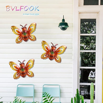 Garden Decor Clearance Metal Bee Wall Art Sculpture, Large Bee Wall Decor Christmas Garden Decoration Hanging for Yard Lawn Patio Living Room Bedroom, 3 Pack, Gift for Family
