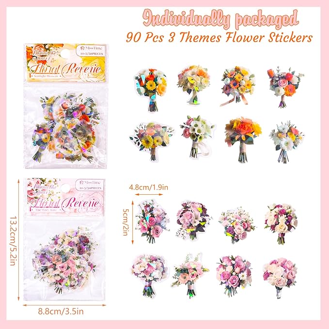 90 Pieces Natural Scrapbooking Stickers, Self-Adhesive Bouquet Stickers for Scrapbooking Supplies Journal for DIY Craft, Planners, Journal, Notebook Card