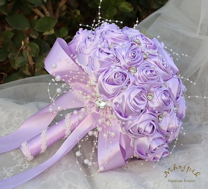 Bridal Wedding Bouquet Round Bling Brooch Bouquet Throw Toss Artificial Rose Flower Bunch for Bride Bridesmaid Wedding Quinceanera(Light Purple, 6.3")