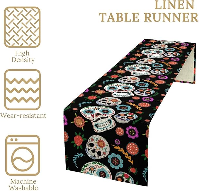 Gothic Skull Table Runner,Vintage Style Colourful Table Runner for Home Kitchen Table Dining Garden Farmhouse Wedding Party Decor 13x120 Inch
