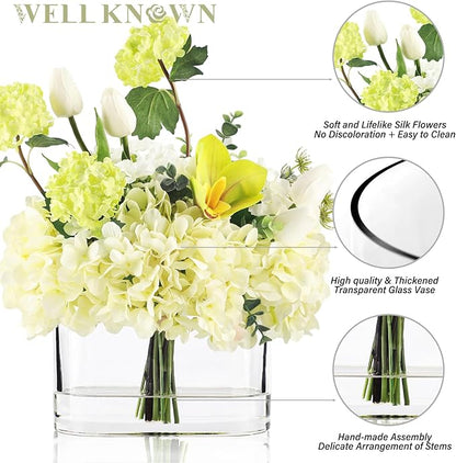 Fake Hydrangea Tulip Flowers in Vase, Artificial Flowers in Vase, Silk Hydrangea Tulip Flowers Dining Table Centerpiece Decorations for Living Room Birthday Wedding Party Decoration & Gift (Green)