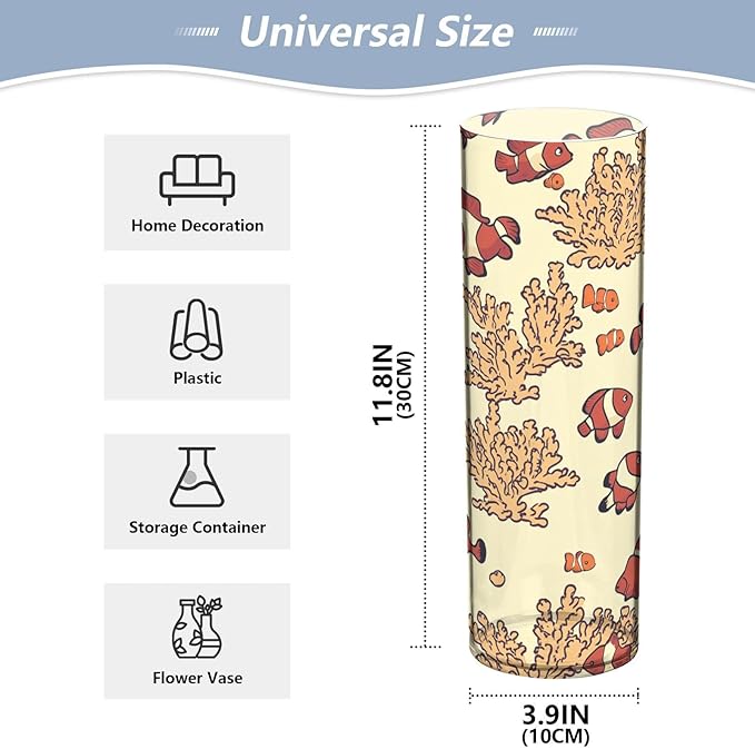 Flower Vase Clear Plastic Cylinder Vases Decor for Centerpieces Home Storage Office Weddings Red Clownflish 11.8 x 3.9 in